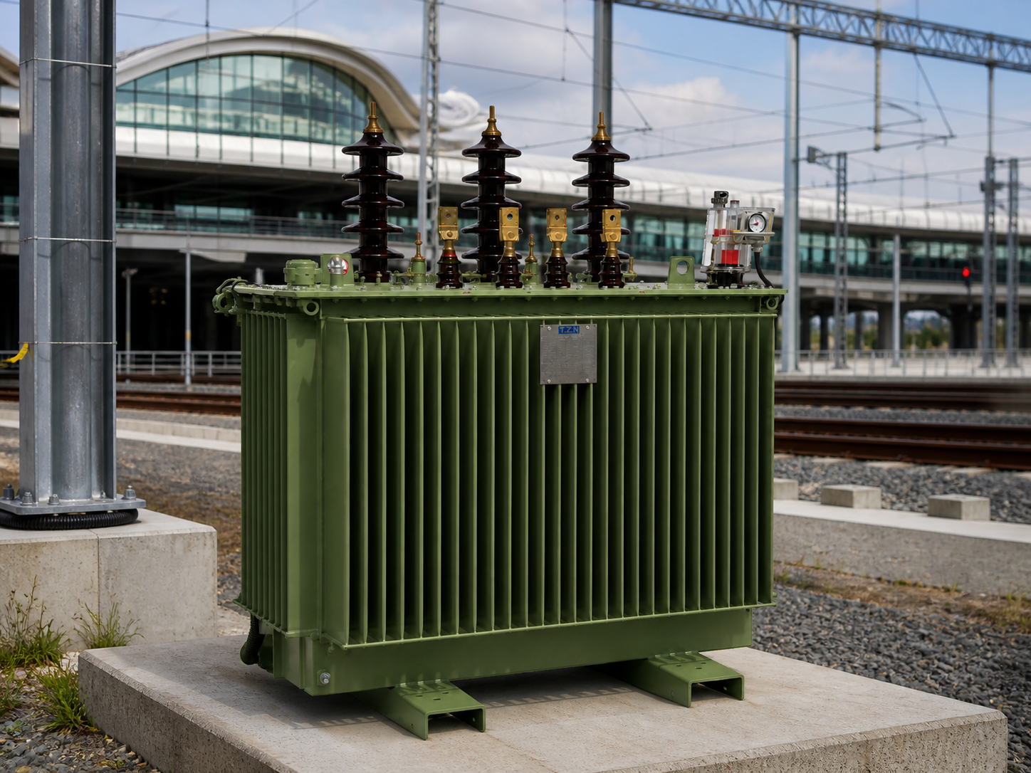 Compact TZN transformer installed beside an electrified rail facility