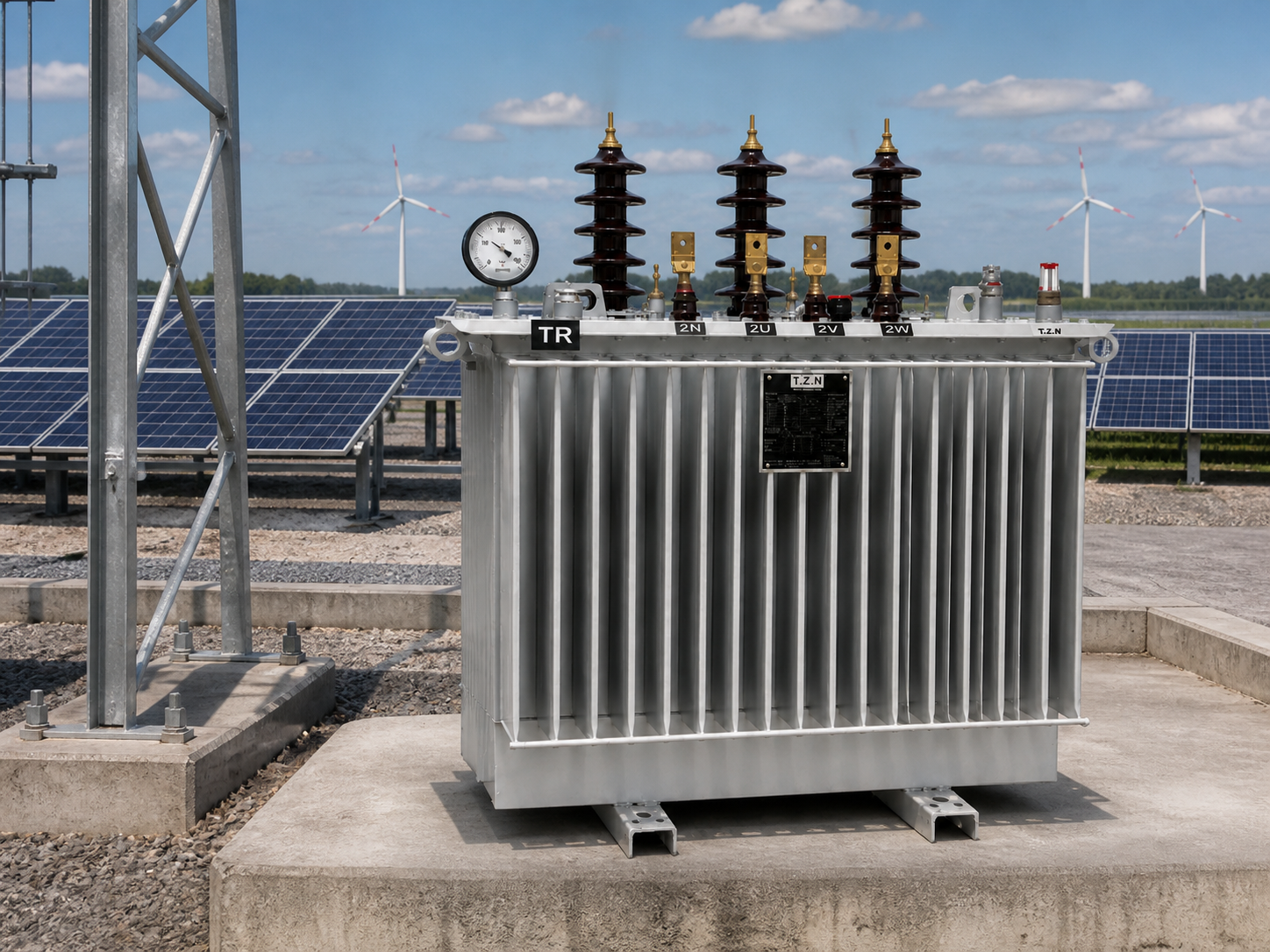 Compact TZN distribution transformer installed beside a solar energy facility