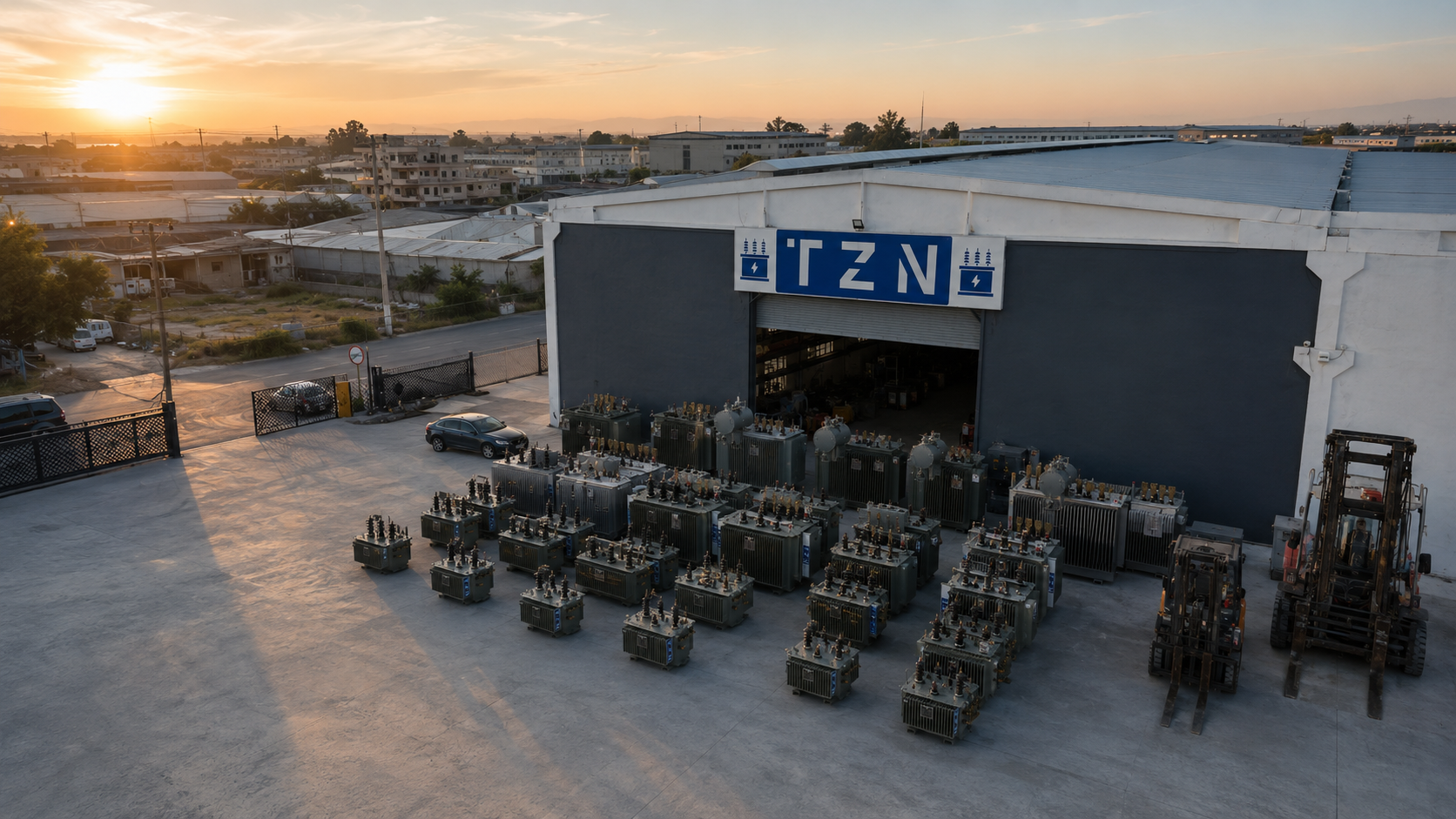 Large power transformer in a modern manufacturing hall in Turkey
